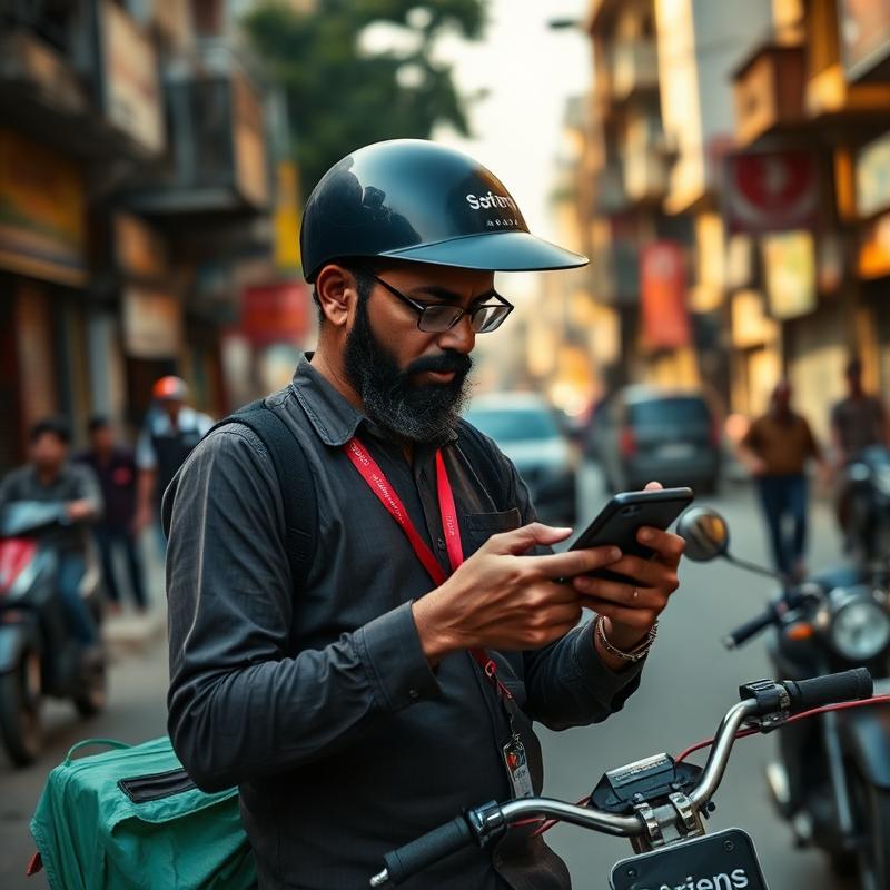 A gig-economy delivery rider checking earnings on a phone