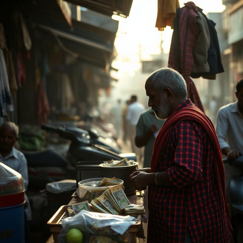 A street market vendor counting daily cash takings