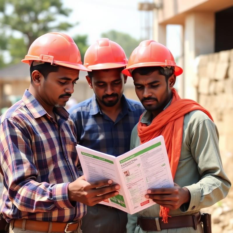 Construction workers reading a printed savings toolkit